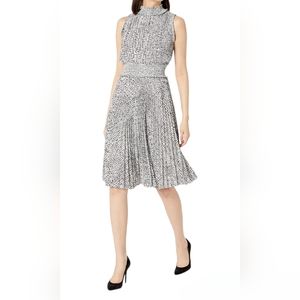 Nanette Lepore Pleated Dress Black White Shirted Waist Collar Halter Size 6